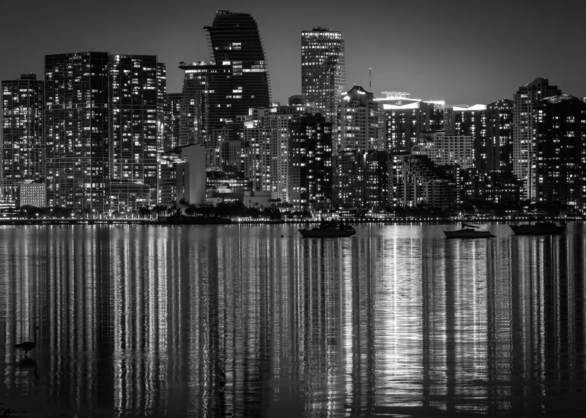 Brickell skyline across Biscayne Bay at night, Miami